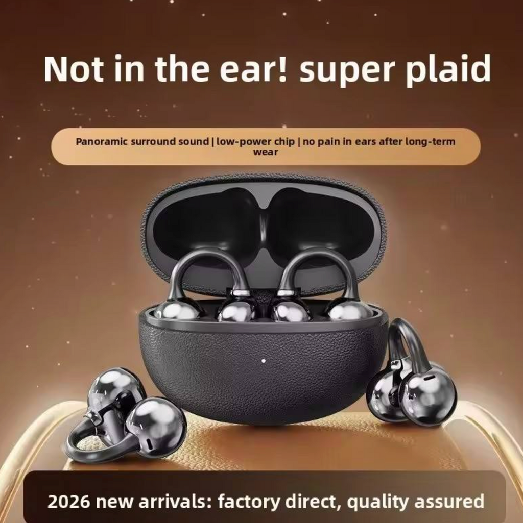 Leather-Texture TWS Wireless Earbuds – Bluetooth 6.0 Open-Ear Sports Ear-Clip Headphones with Long Battery Life